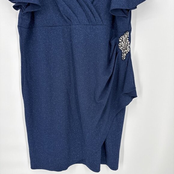 SLNY Womens Plus Size 22W Navy Blue Glitter Beaded Flutter Sleeve Cocktail Dress - Picture 5 of 11